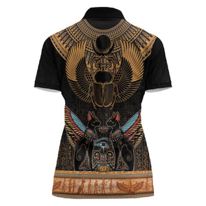 Ancient Egypt Scarab Beetle Women Polo Shirt Hieroglyphs Alphabet Pattern