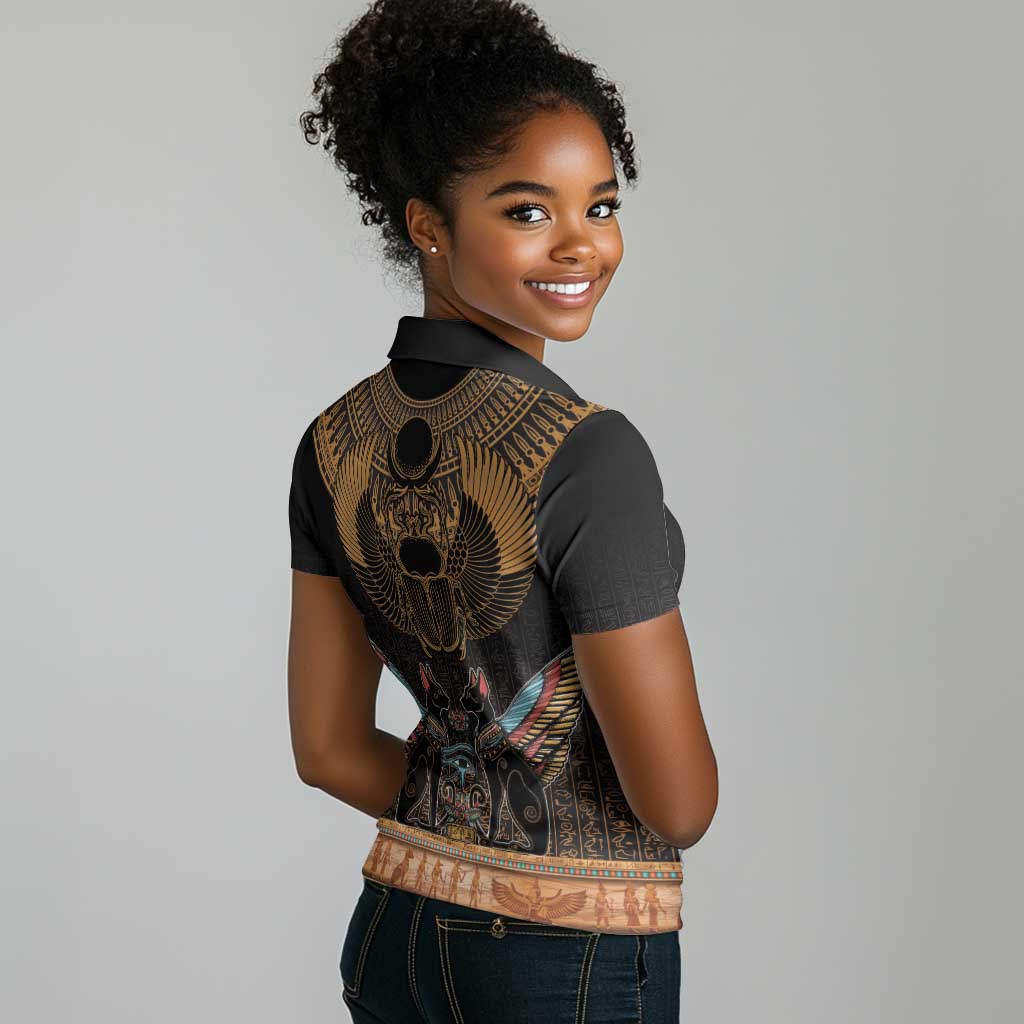 Ancient Egypt Scarab Beetle Women Polo Shirt Hieroglyphs Alphabet Pattern