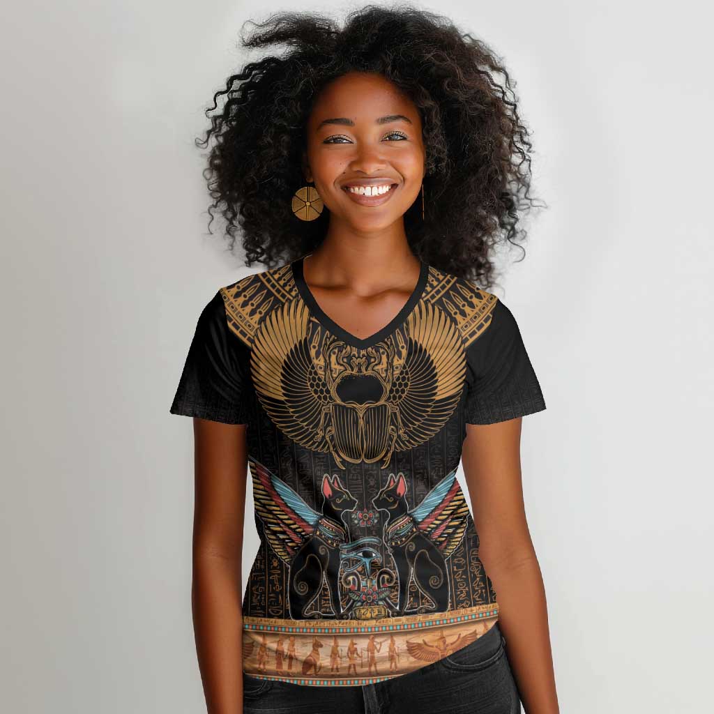 Ancient Egypt Scarab Beetle Women V-Neck T-Shirt Hieroglyphs Alphabet Pattern
