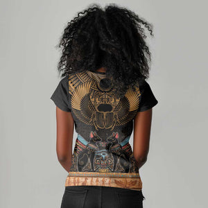 Ancient Egypt Scarab Beetle Women V-Neck T-Shirt Hieroglyphs Alphabet Pattern