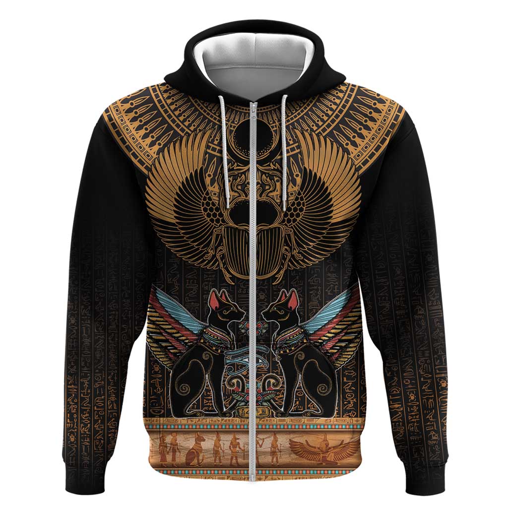 Ancient Egypt Scarab Beetle Zip Hoodie Hieroglyphs Alphabet Pattern
