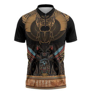 Ancient Egypt Scarab Beetle Zipper Polo Shirt Hieroglyphs Alphabet Pattern