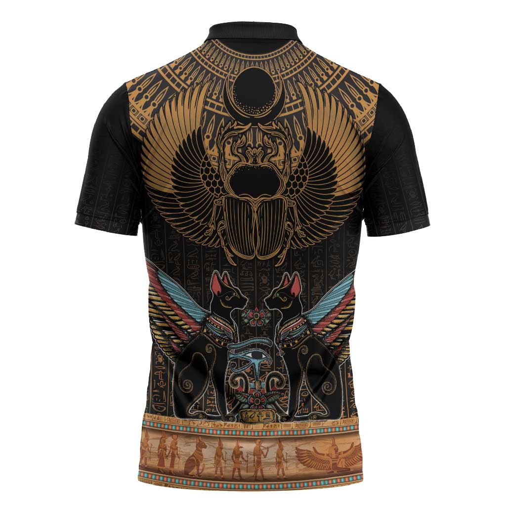 Ancient Egypt Scarab Beetle Zipper Polo Shirt Hieroglyphs Alphabet Pattern