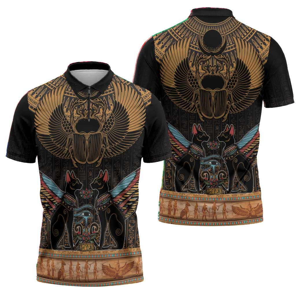 Ancient Egypt Scarab Beetle Zipper Polo Shirt Hieroglyphs Alphabet Pattern