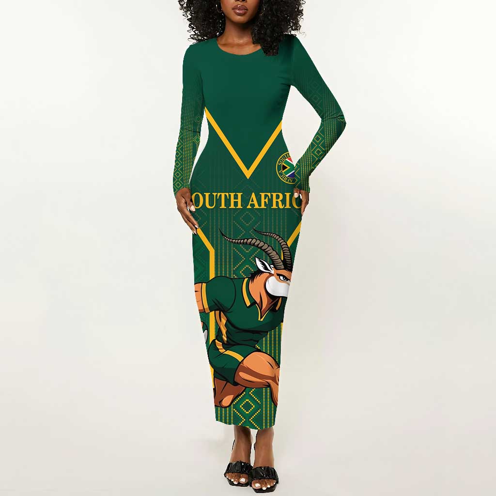 Custom South Africa Long Sleeve Bodycon Dress Lion Mascot Proteas Cricket LT15 main image 1