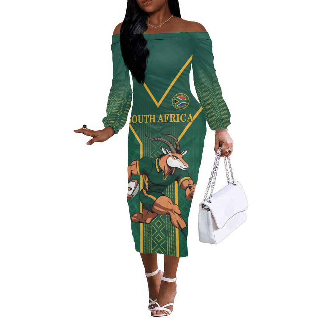 Custom South Africa Rugby Off The Shoulder Long Sleeve Dress Go Springboks - African Pride
