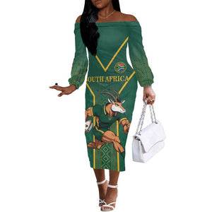Custom South Africa Rugby Off The Shoulder Long Sleeve Dress Go Springboks - African Pride