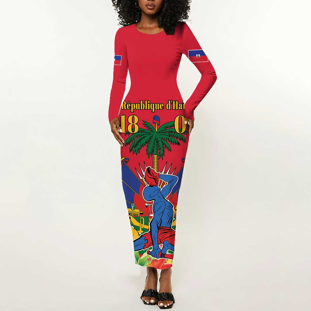 Afro-Haitians Independence Day Long Sleeve Bodycon Dress Le Marron Inconnu Unity Makes Strength - African Pride