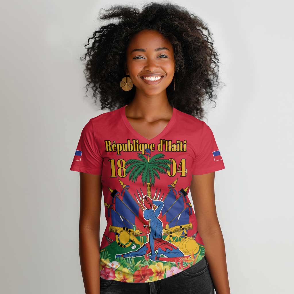 Afro-Haitians Independence Day Women V-Neck T-Shirt Le Marron Inconnu Unity Makes Strength - African Pride