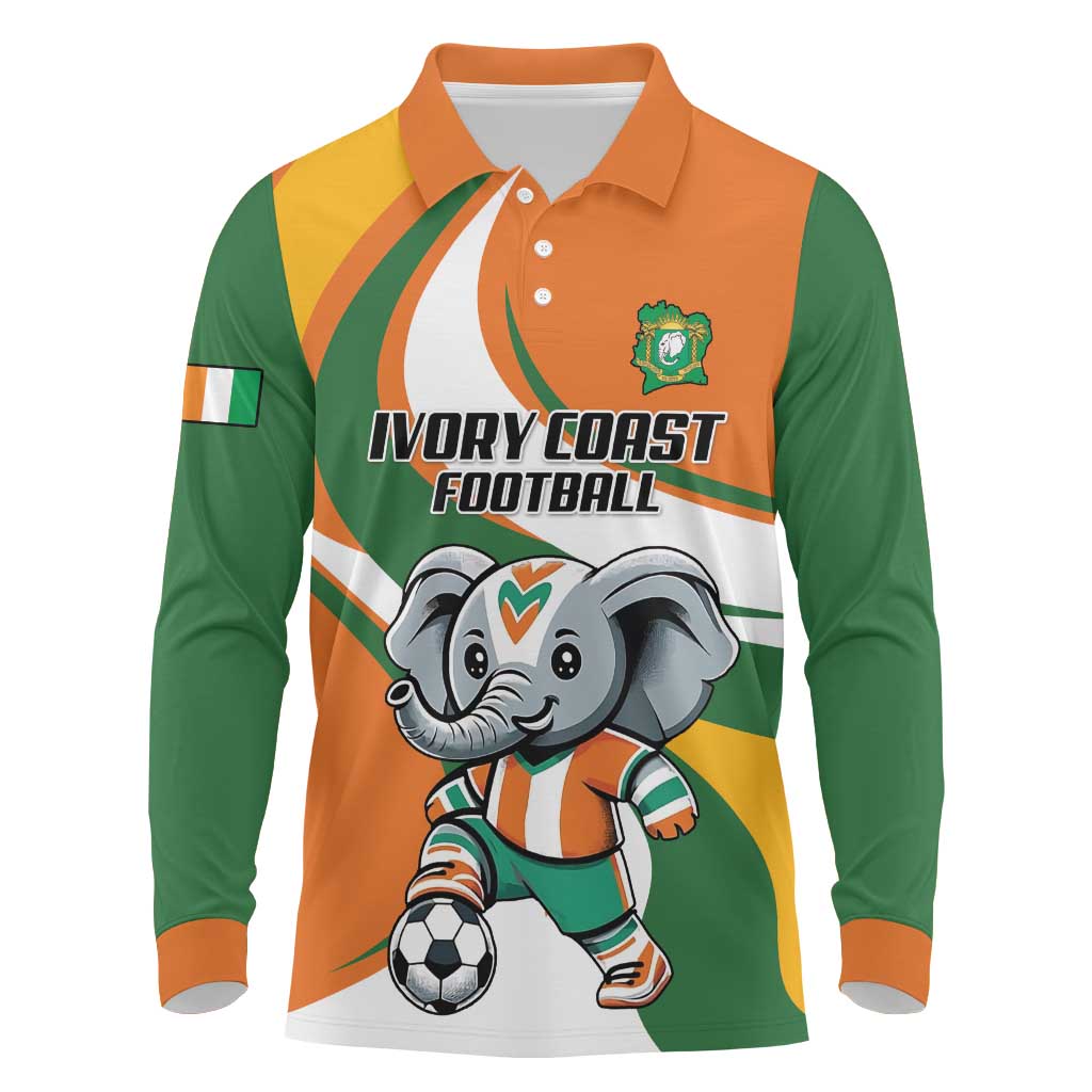 Custom Ivory Coast Football Long Sleeve Polo Shirt Les Elephants Mascot - African Pride