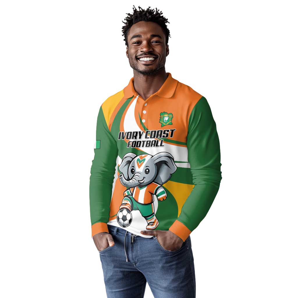 Custom Ivory Coast Football Long Sleeve Polo Shirt Les Elephants Mascot - African Pride