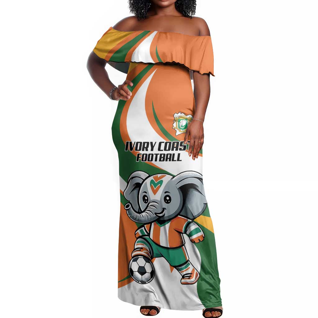 Custom Ivory Coast Football Off Shoulder Maxi Dress Les Elephants Mascot - African Pride