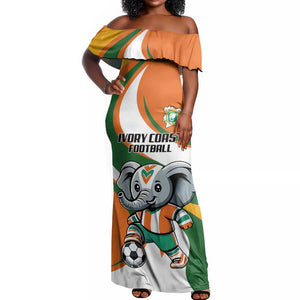 Custom Ivory Coast Football Off Shoulder Maxi Dress Les Elephants Mascot - African Pride