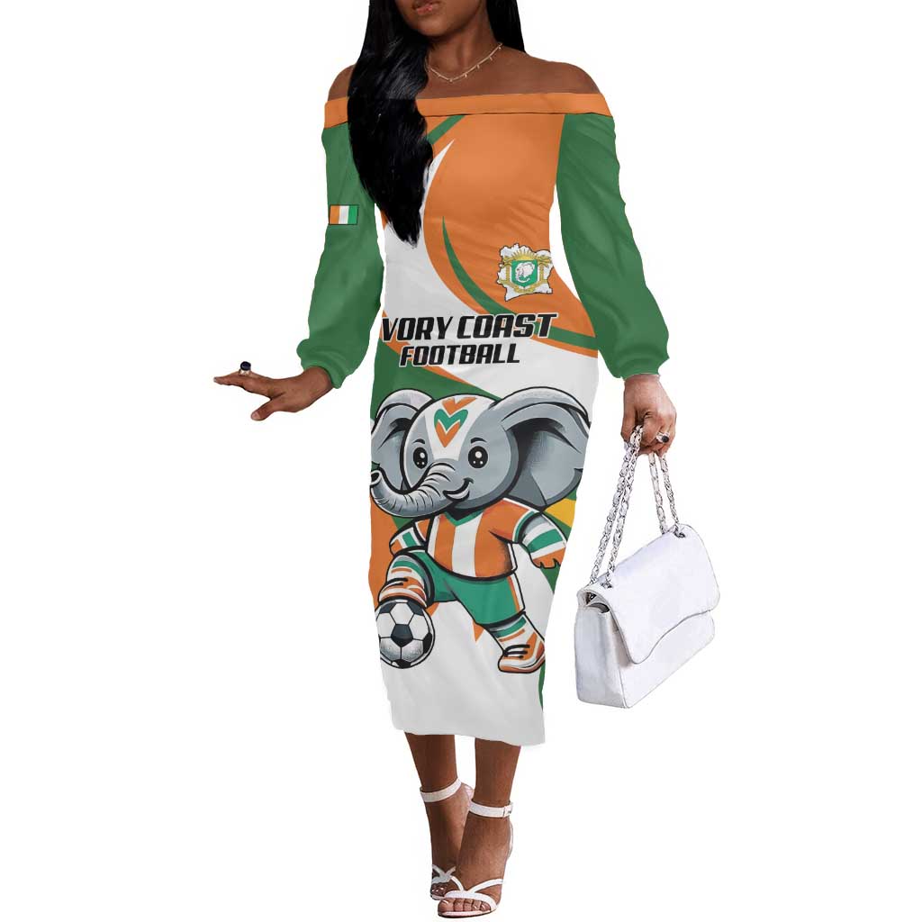 Custom Ivory Coast Football Off The Shoulder Long Sleeve Dress Les Elephants Mascot - African Pride