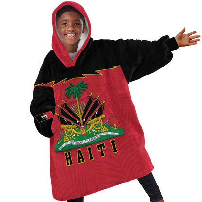 Personalized Afro-Haitians 1964 Kid Wearable Blanket Hoodie Coat Of Arms Flag Style - African Pride