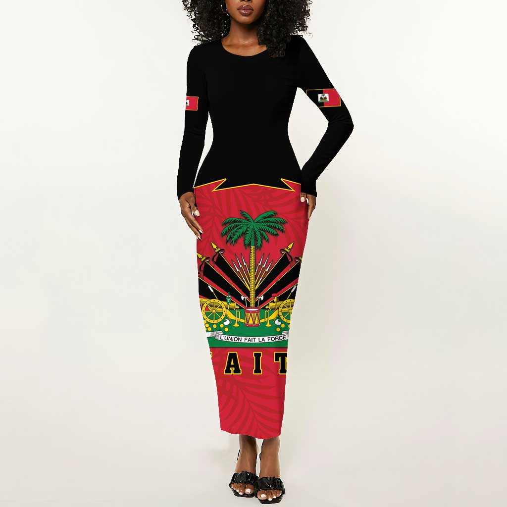 Personalized Afro-Haitians 1964 Long Sleeve Bodycon Dress Coat Of Arms Flag Style - African Pride