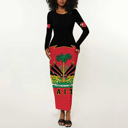 Personalized Afro-Haitians 1964 Long Sleeve Bodycon Dress Coat Of Arms Flag Style - African Pride