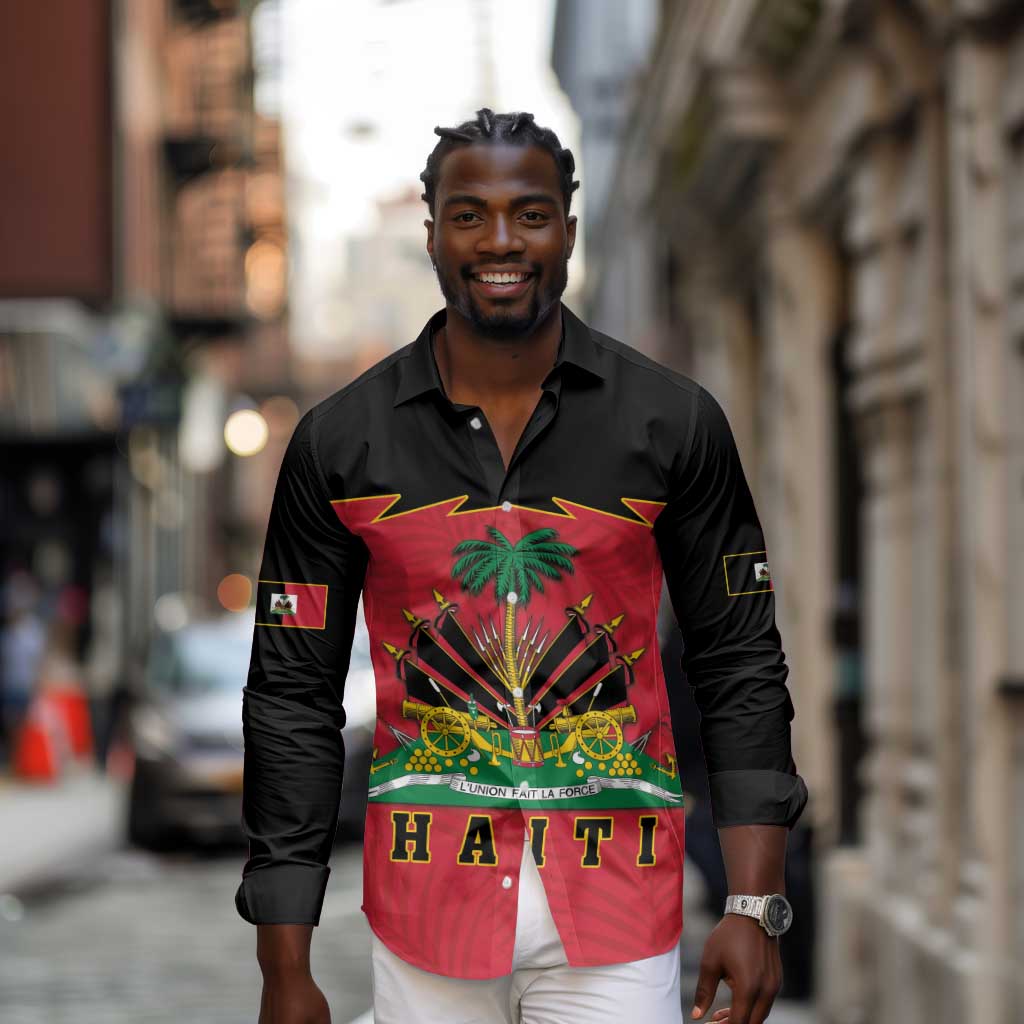 Personalized Afro-Haitians 1964 Long Sleeve Button Shirt Coat Of Arms Flag Style - African Pride