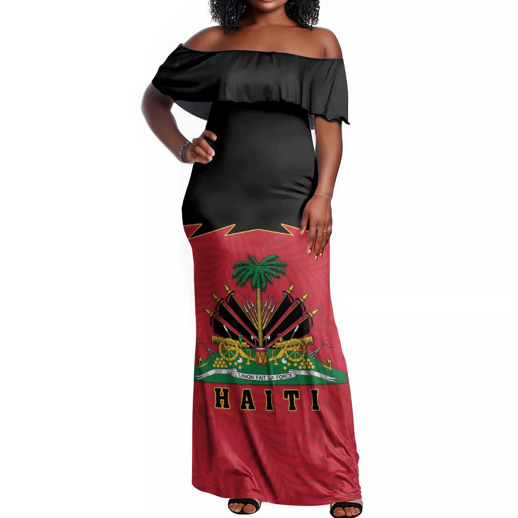 Personalized Afro-Haitians 1964 Off Shoulder Maxi Dress Coat Of Arms Flag Style - African Pride