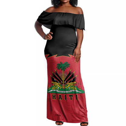 Personalized Afro-Haitians 1964 Off Shoulder Maxi Dress Coat Of Arms Flag Style - African Pride