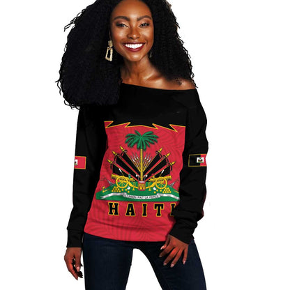 Personalized Afro-Haitians 1964 Off Shoulder Sweater Coat Of Arms Flag Style - African Pride