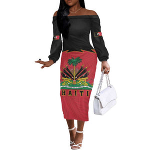 Personalized Afro-Haitians 1964 Off The Shoulder Long Sleeve Dress Coat Of Arms Flag Style - African Pride