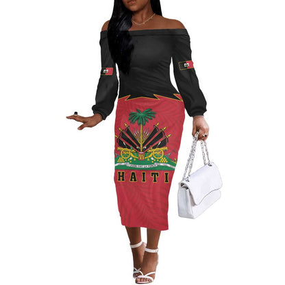 Personalized Afro-Haitians 1964 Off The Shoulder Long Sleeve Dress Coat Of Arms Flag Style - African Pride