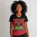 Personalized Afro-Haitians 1964 Women V-Neck T-Shirt Coat Of Arms Flag Style - African Pride