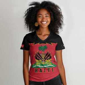 Personalized Afro-Haitians 1964 Women V-Neck T-Shirt Coat Of Arms Flag Style - African Pride