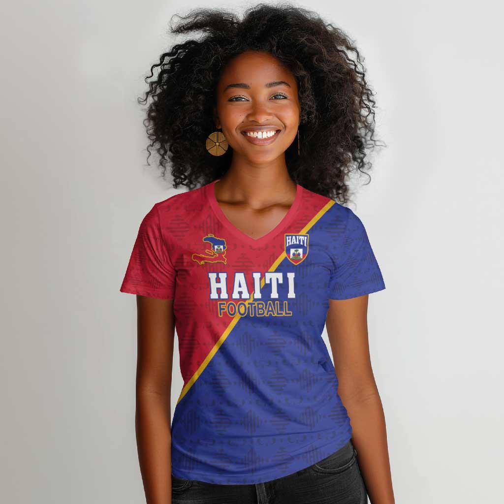 Custom Afro Haiti Football Women V-Neck T-Shirt Les Grenadiers - African Pride