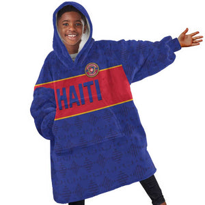 Custom Afro Haiti Football Kid Wearable Blanket Hoodie Le Rouge et Bleu Sporty Style - African Pride