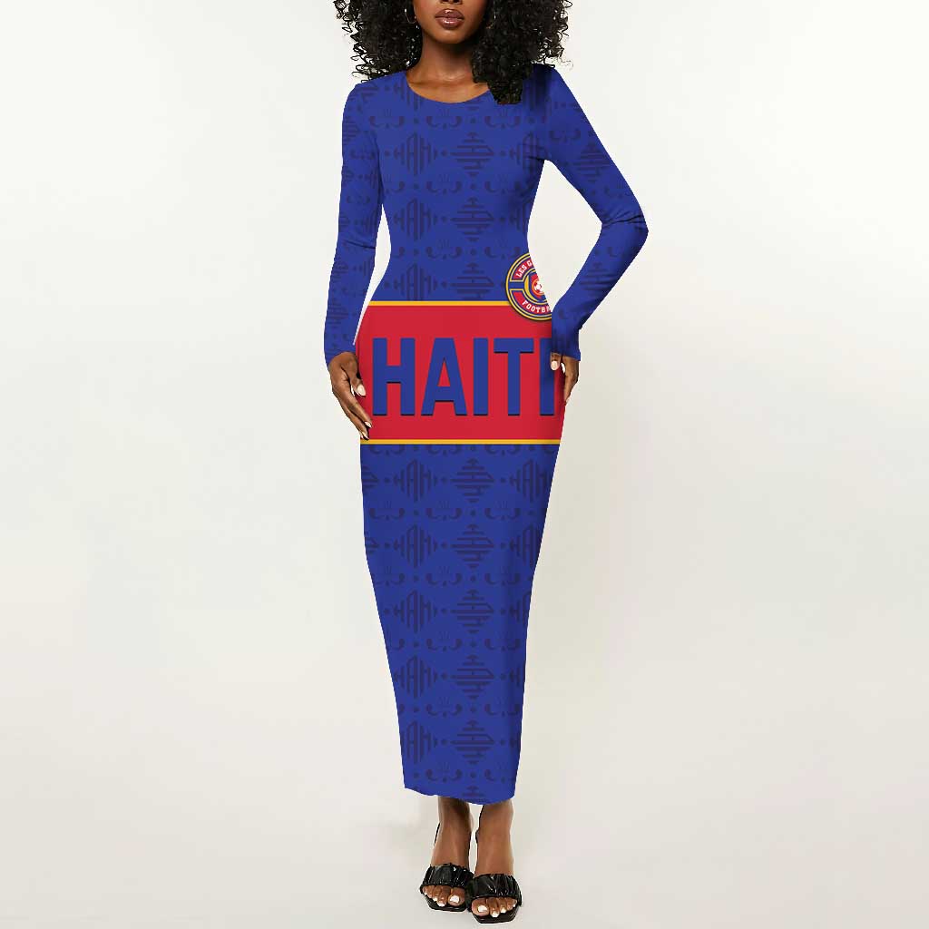 Custom Afro Haiti Football Long Sleeve Bodycon Dress Le Rouge et Bleu Sporty Style - African Pride