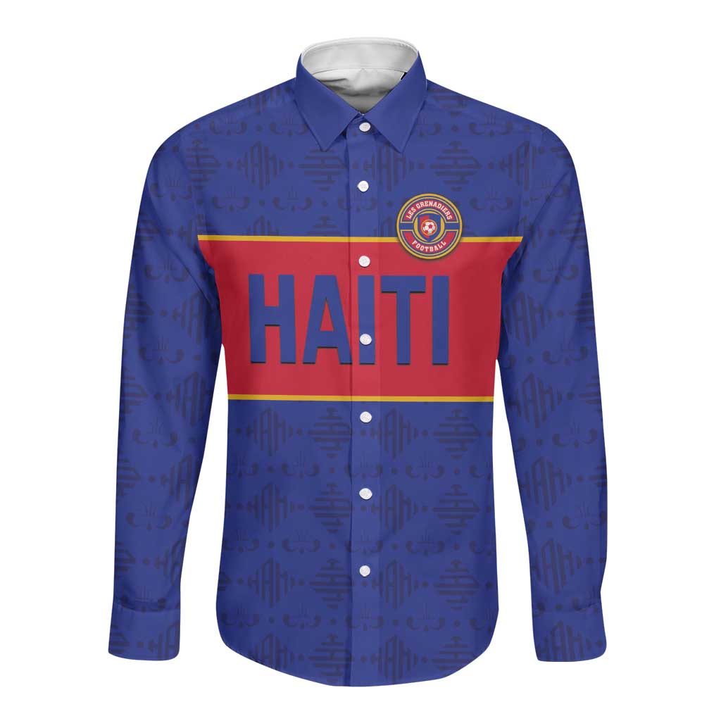 Custom Afro Haiti Football Long Sleeve Button Shirt Le Rouge et Bleu Sporty Style - African Pride