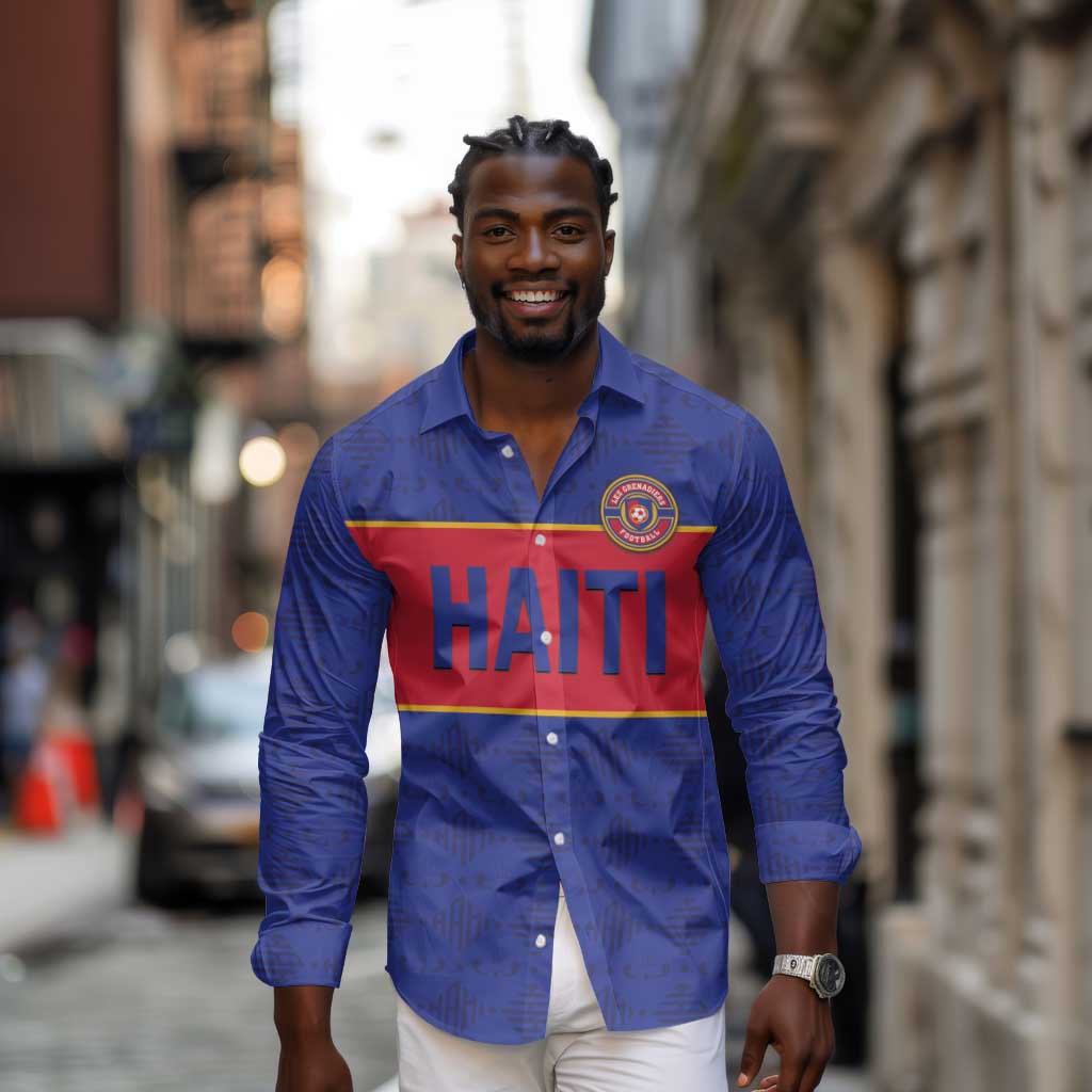 Custom Afro Haiti Football Long Sleeve Button Shirt Le Rouge et Bleu Sporty Style - African Pride