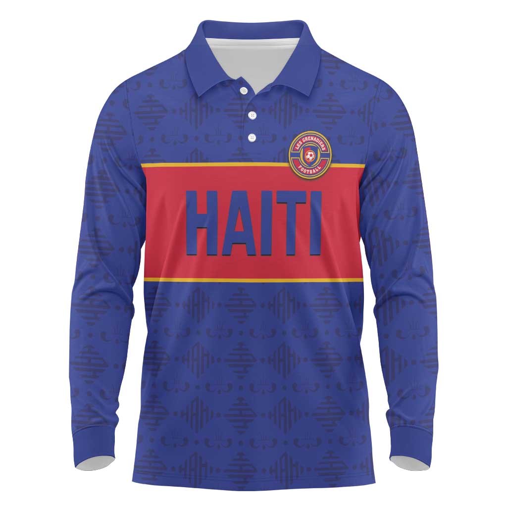 Custom Afro Haiti Football Long Sleeve Polo Shirt Le Rouge et Bleu Sporty Style - African Pride