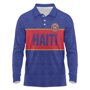 Custom Afro Haiti Football Long Sleeve Polo Shirt Le Rouge et Bleu Sporty Style - African Pride