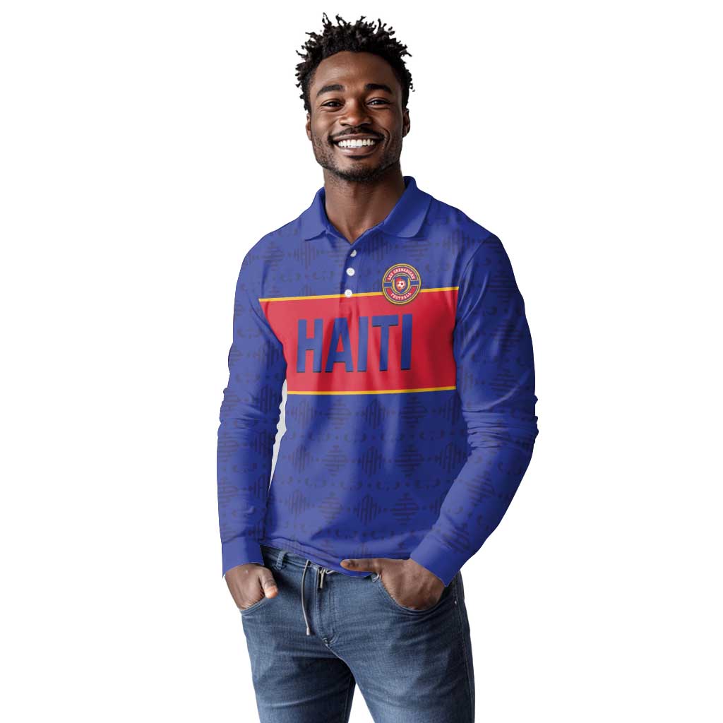 Custom Afro Haiti Football Long Sleeve Polo Shirt Le Rouge et Bleu Sporty Style - African Pride