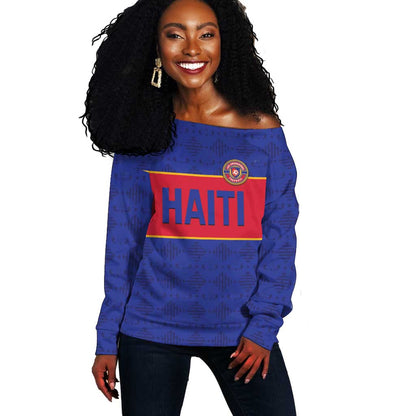 Custom Afro Haiti Football Off Shoulder Sweater Le Rouge et Bleu Sporty Style - African Pride