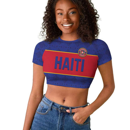 Custom Afro Haiti Football Raglan Cropped T shirt Le Rouge et Bleu Sporty Style - African Pride