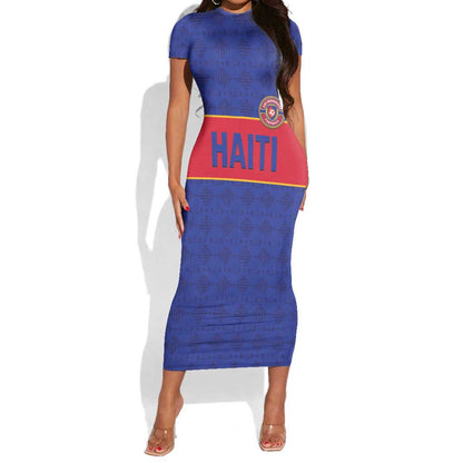 Custom Afro Haiti Football Short Sleeve Bodycon Dress Le Rouge et Bleu Sporty Style - African Pride
