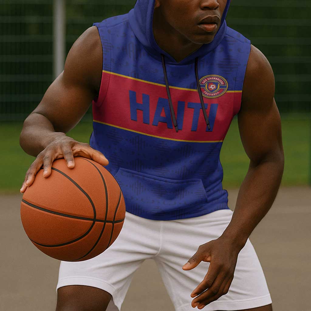 Custom Afro Haiti Football Sleeveless Hoodie Le Rouge et Bleu Sporty Style - African Pride