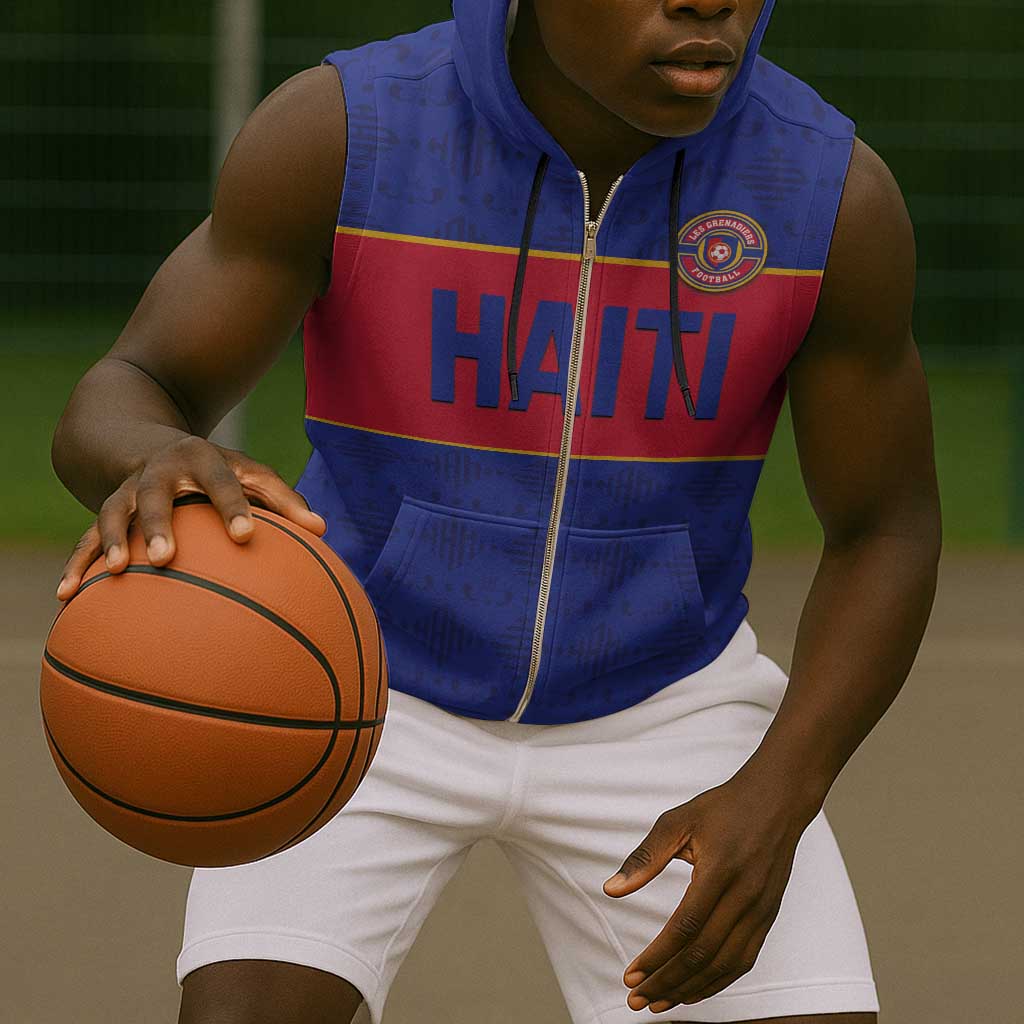 Custom Afro Haiti Football Sleeveless Zip Hoodie Le Rouge et Bleu Sporty Style - African Pride