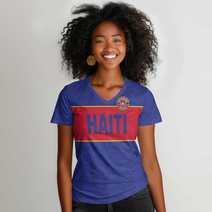 Custom Afro Haiti Football Women V-Neck T-Shirt Le Rouge et Bleu Sporty Style - African Pride