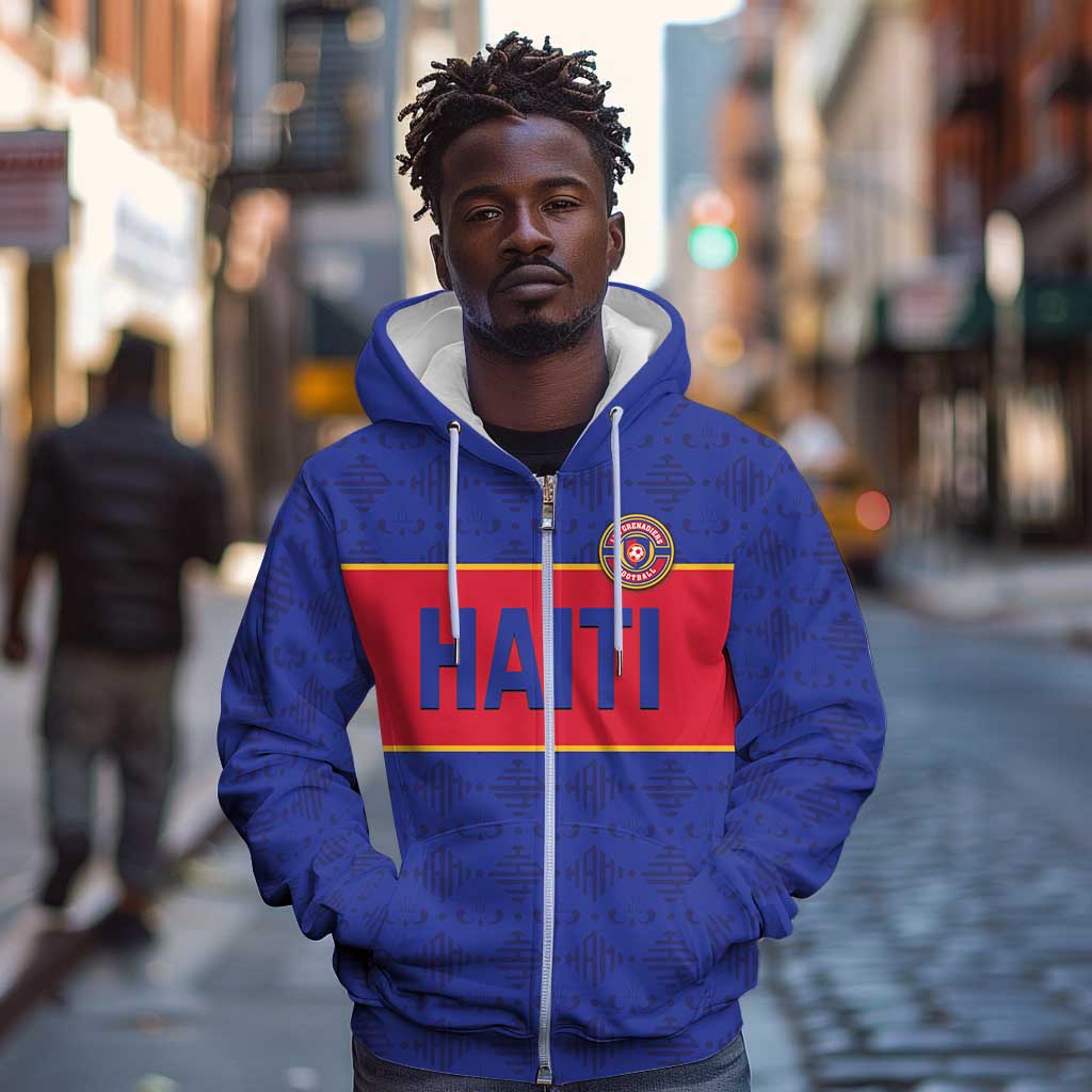 Custom Afro Haiti Football Zip Hoodie Le Rouge et Bleu Sporty Style - African Pride
