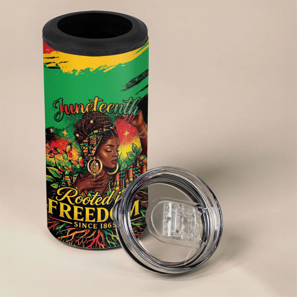 Juneteenth Rooted in Freedom 4 in 1 Can Cooler Tumbler Black Pride African Queen
