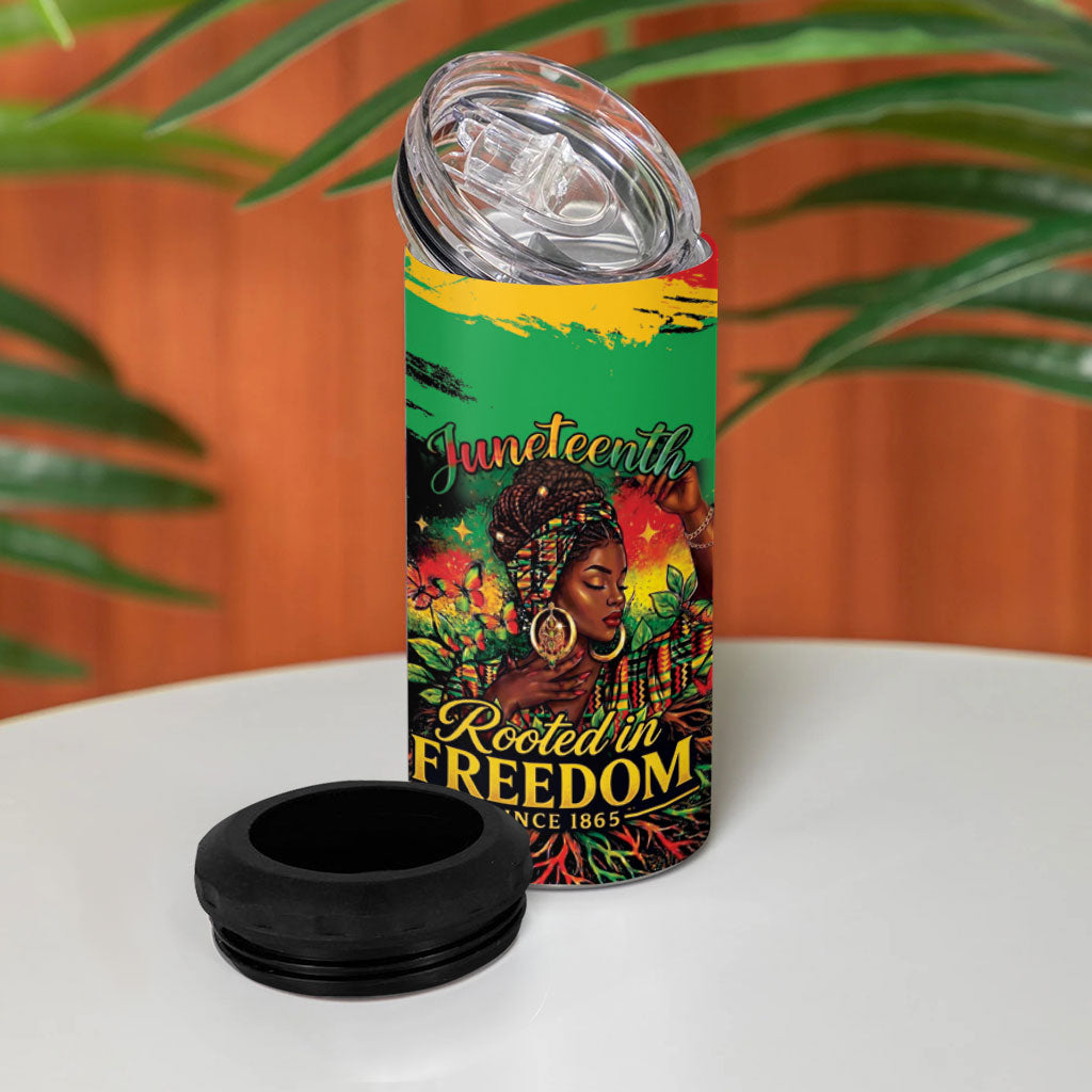Juneteenth Rooted in Freedom 4 in 1 Can Cooler Tumbler Black Pride African Queen