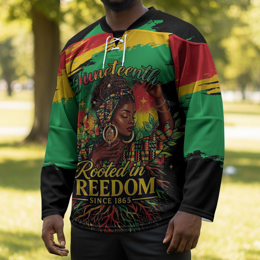 Juneteenth Rooted in Freedom Hockey Jersey Black Pride African Queen