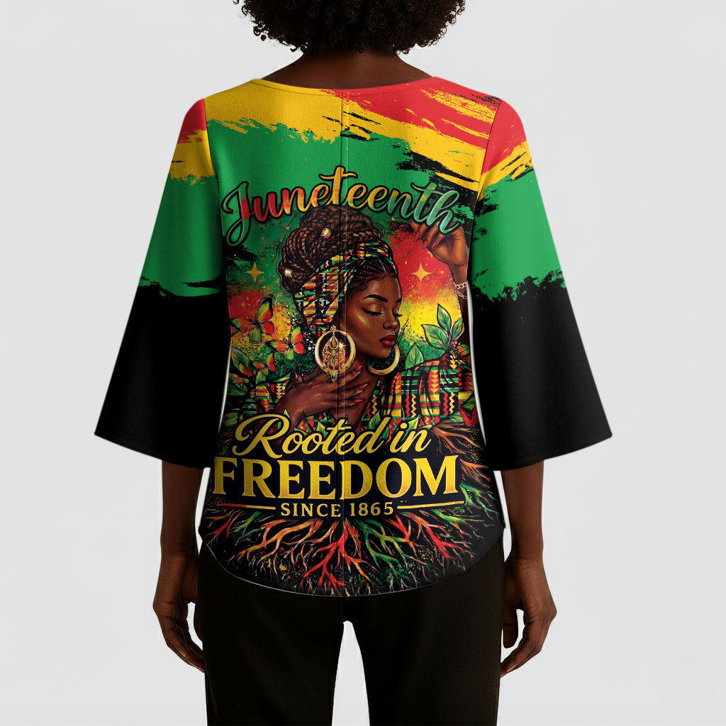 Juneteenth Rooted in Freedom Kimono Sleeve Blouse Black Pride African Queen
