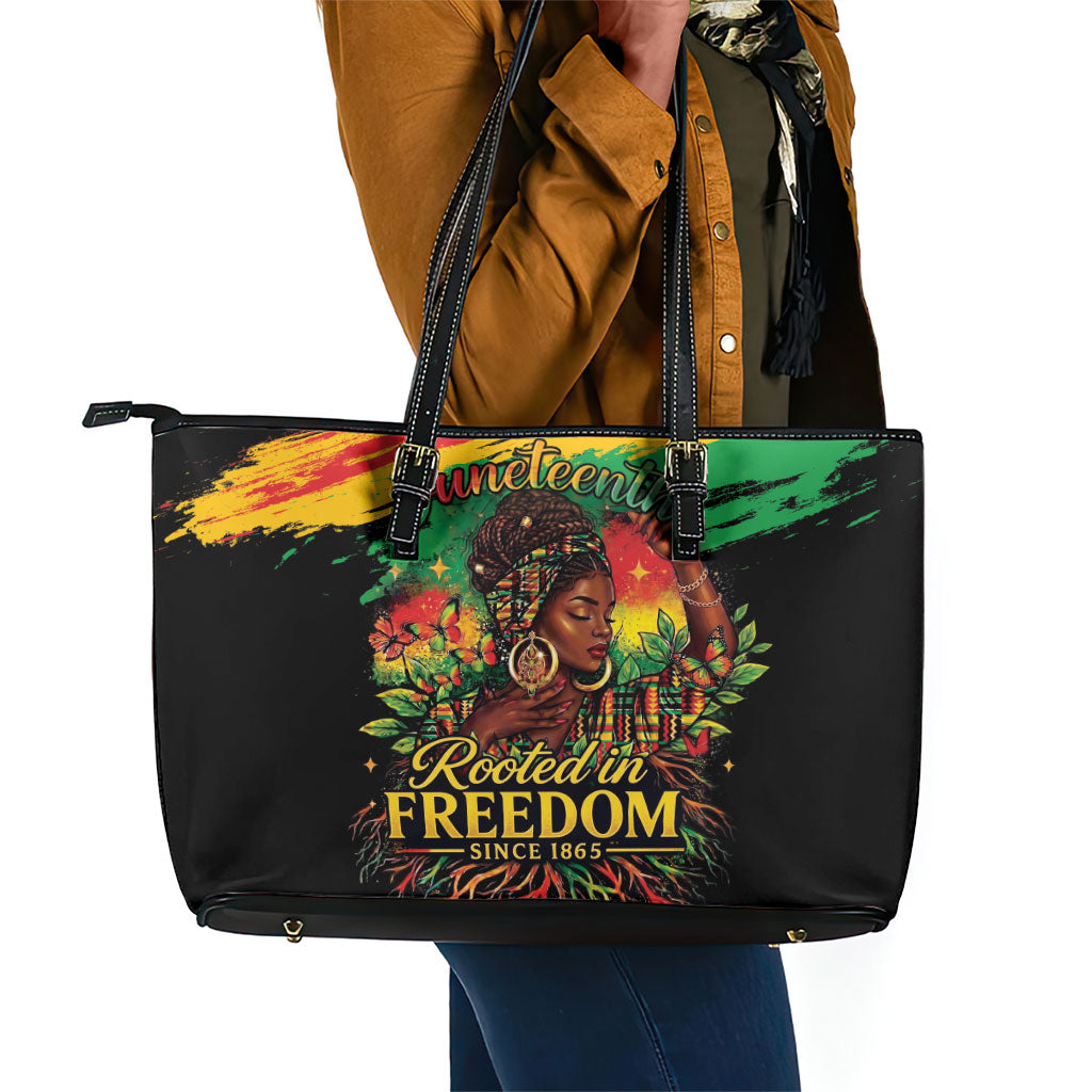 Juneteenth Rooted in Freedom Leather Tote Bag Black Pride African Queen