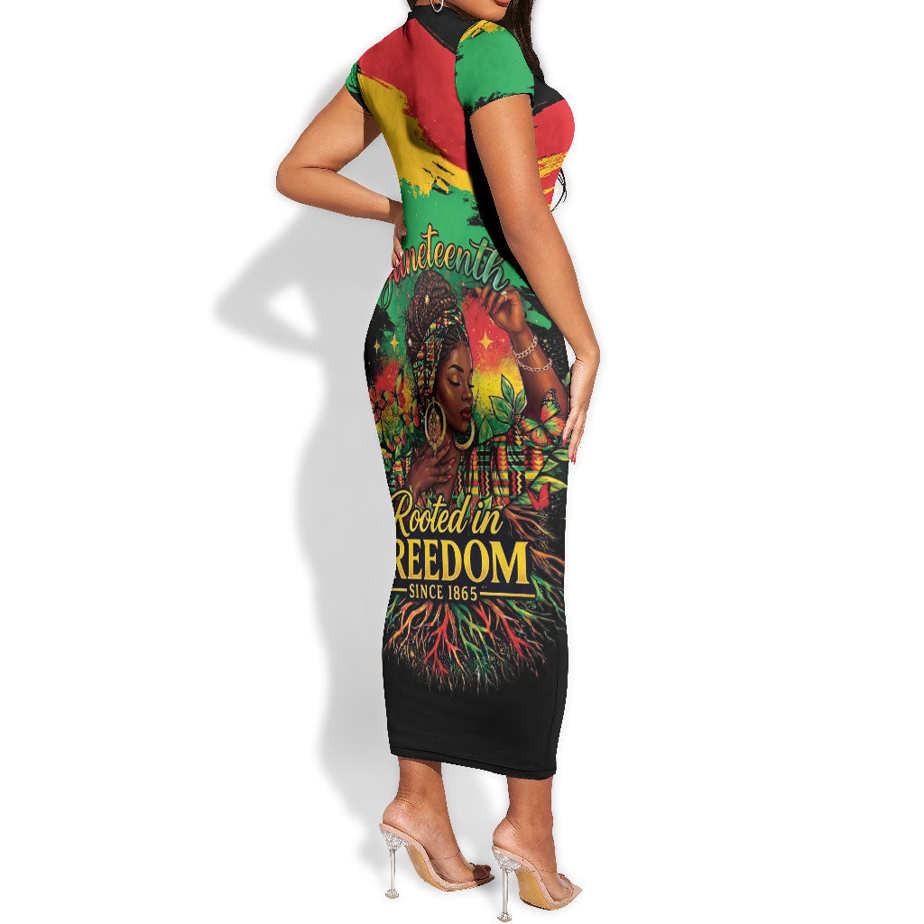 Juneteenth Rooted in Freedom Short Sleeve Bodycon Dress Black Pride African Queen by African Pride Shop